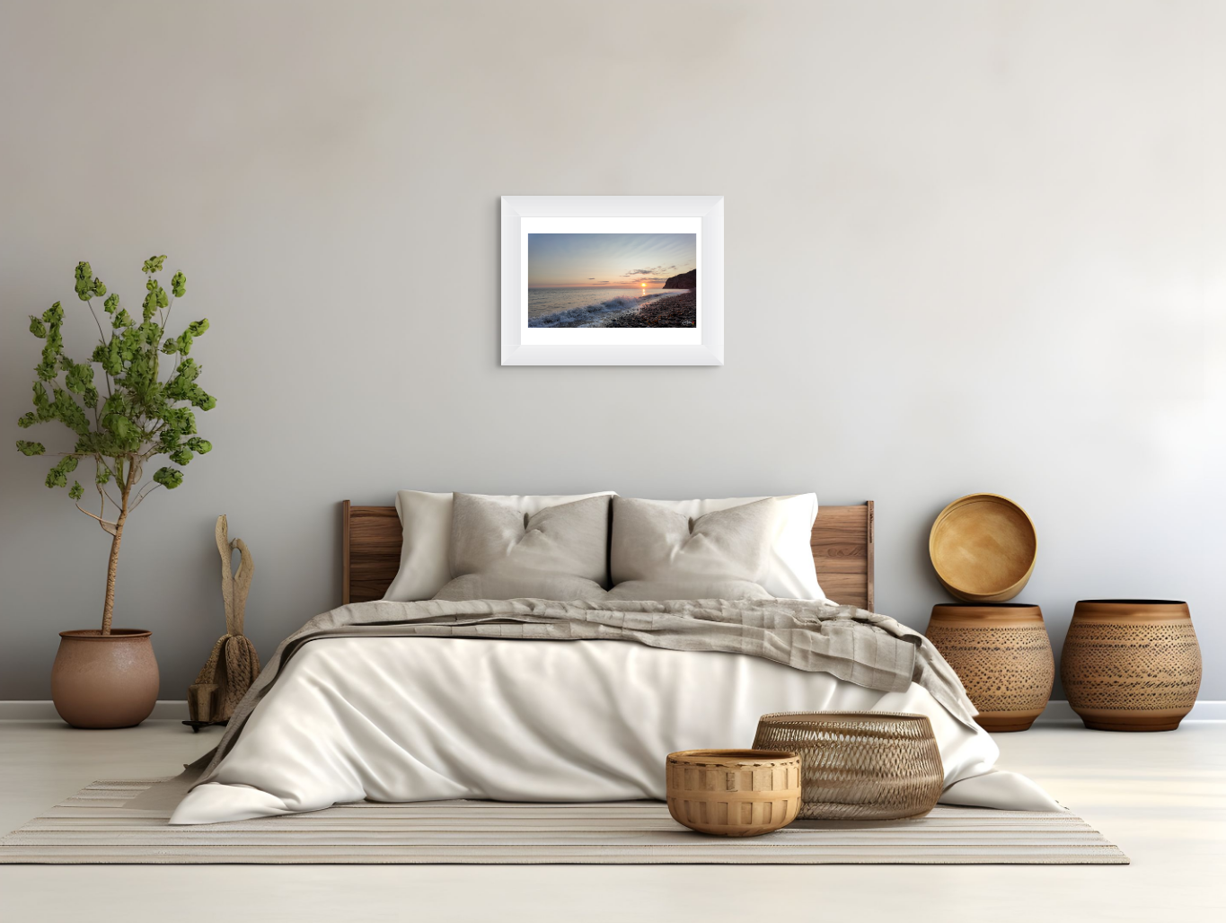 Bedroom with wooden headboard, white bedding, and decorative items on a neutral color scheme.