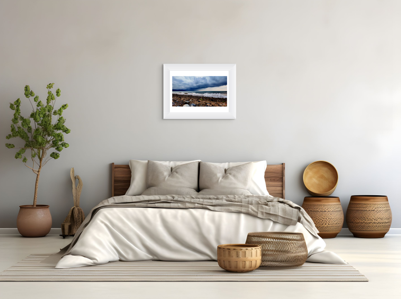 Bedroom with a bed, decorative baskets, and a framed picture on the wall.