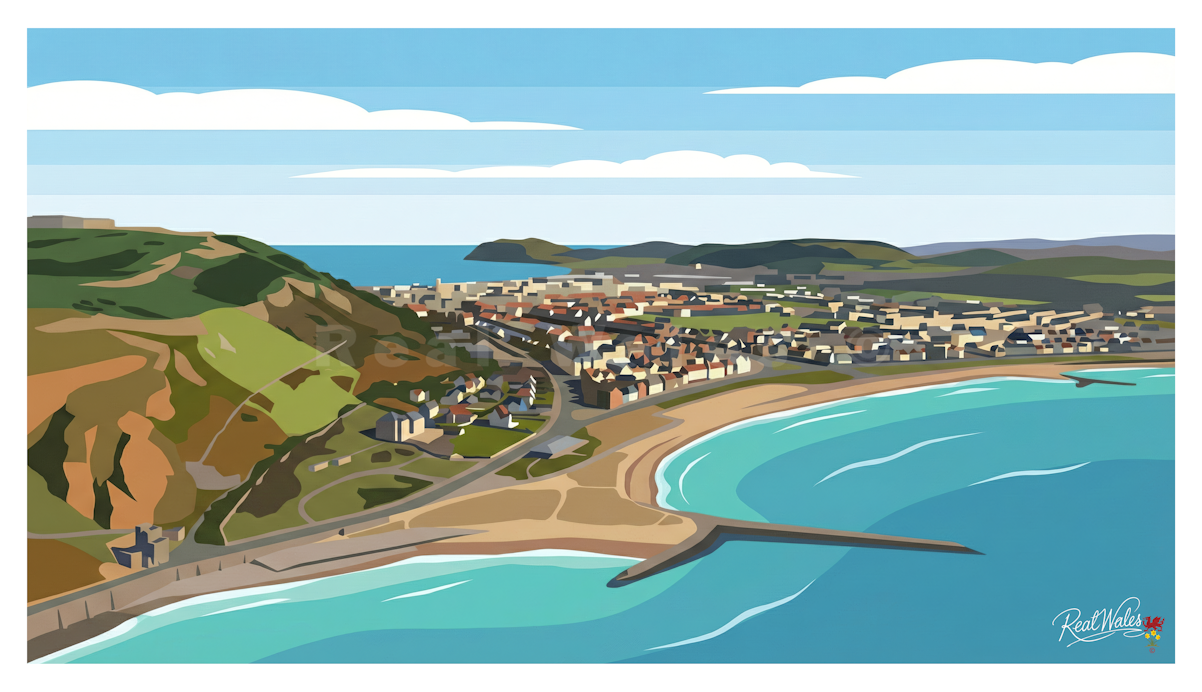 Rising high above the tidal flats of the Conwy Estuary, an aerial view from the West Shore reveals the true, dramatic geography of Llandudno. From this elevated vantage point, the town is exposed as a neat, elegant isthmus, a striking grid of Victorian architecture perfectly sandwiched between two entirely distinct bodies of water. The eye is naturally drawn across the vast, sandy expanses of the West Shore, over the slate roofs of the town, and directly toward the massive, brooding bulk of the Great Orme d