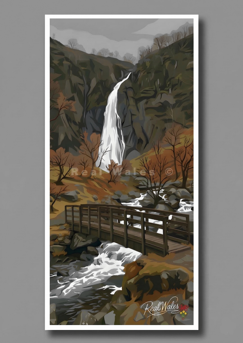 The dramatic, plunging cascade of Aber Falls cuts fiercely into the rugged foothills of the Carneddau. Long celebrated for its sheer, 120-foot drop and the ancient, moss-draped woodland that lines its valley, this hidden gorge retains a deeply untamed, primordial charm. Its relentless, silver ribbon of crashing water and the churning, mist-shrouded depths of the plunge pool offer a dynamic, restless contrast to the dark, unyielding weight of the towering, slate-grey cliffs looming ominously on either side.